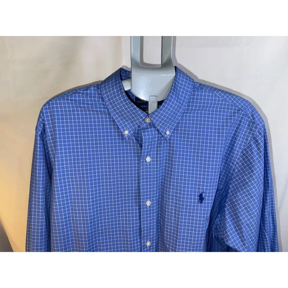 Polo Ralph Lauren Mens XXL Blue White Check Classic Fit Cotton Stretch Shirt